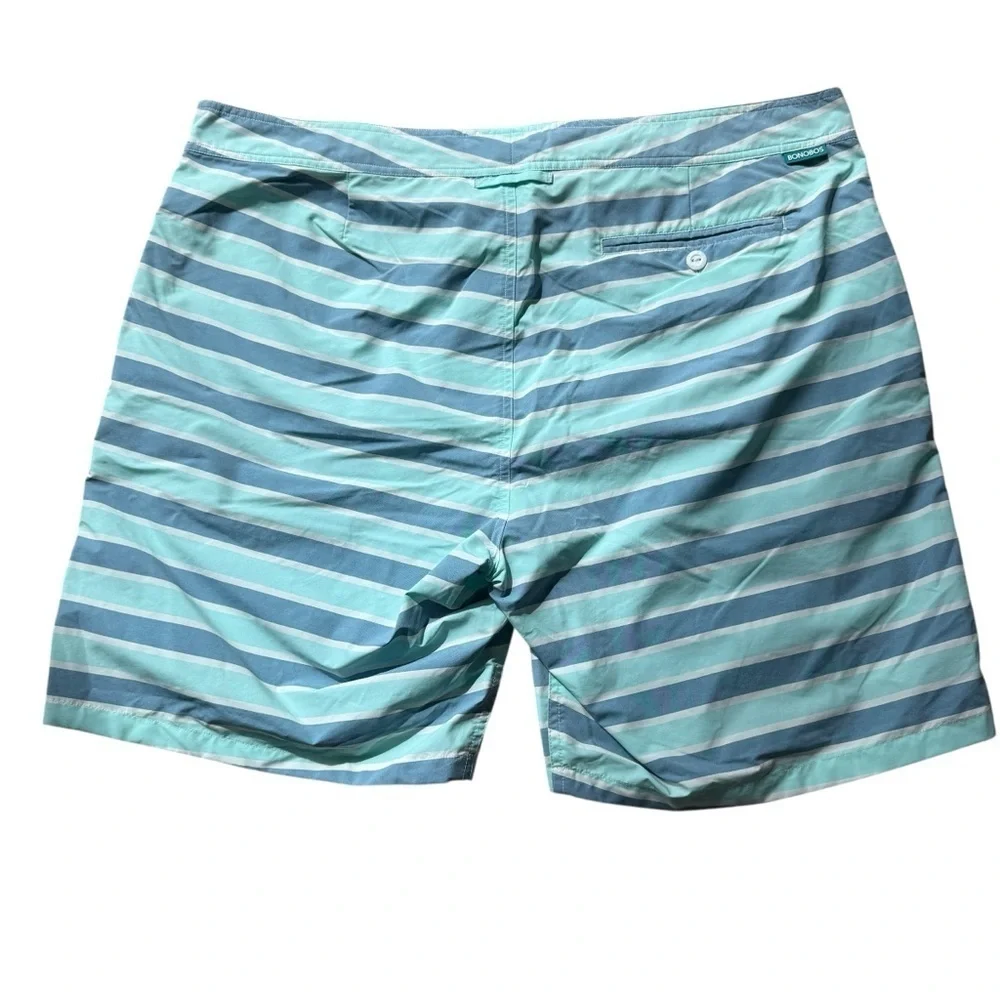 Bonobos Men's 8” Striped Swim Trunks Blue Size 38 Mesh Lining Tie Front Summer